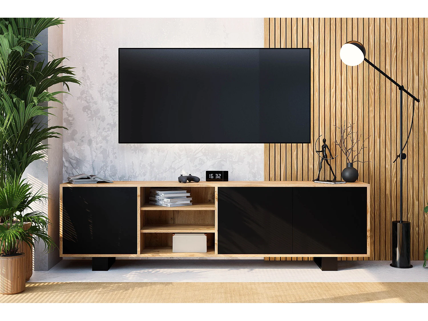 Meuble TV LOTOS 200 cm bois et noir style industriel contemporain