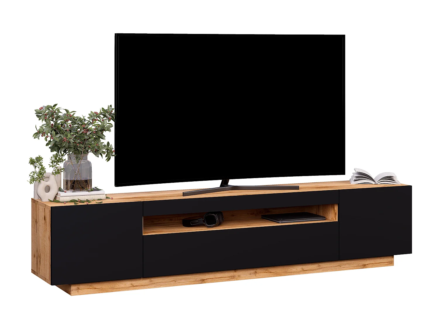 Meuble TV KUSH 200 cm bois et noir style industriel contemporain