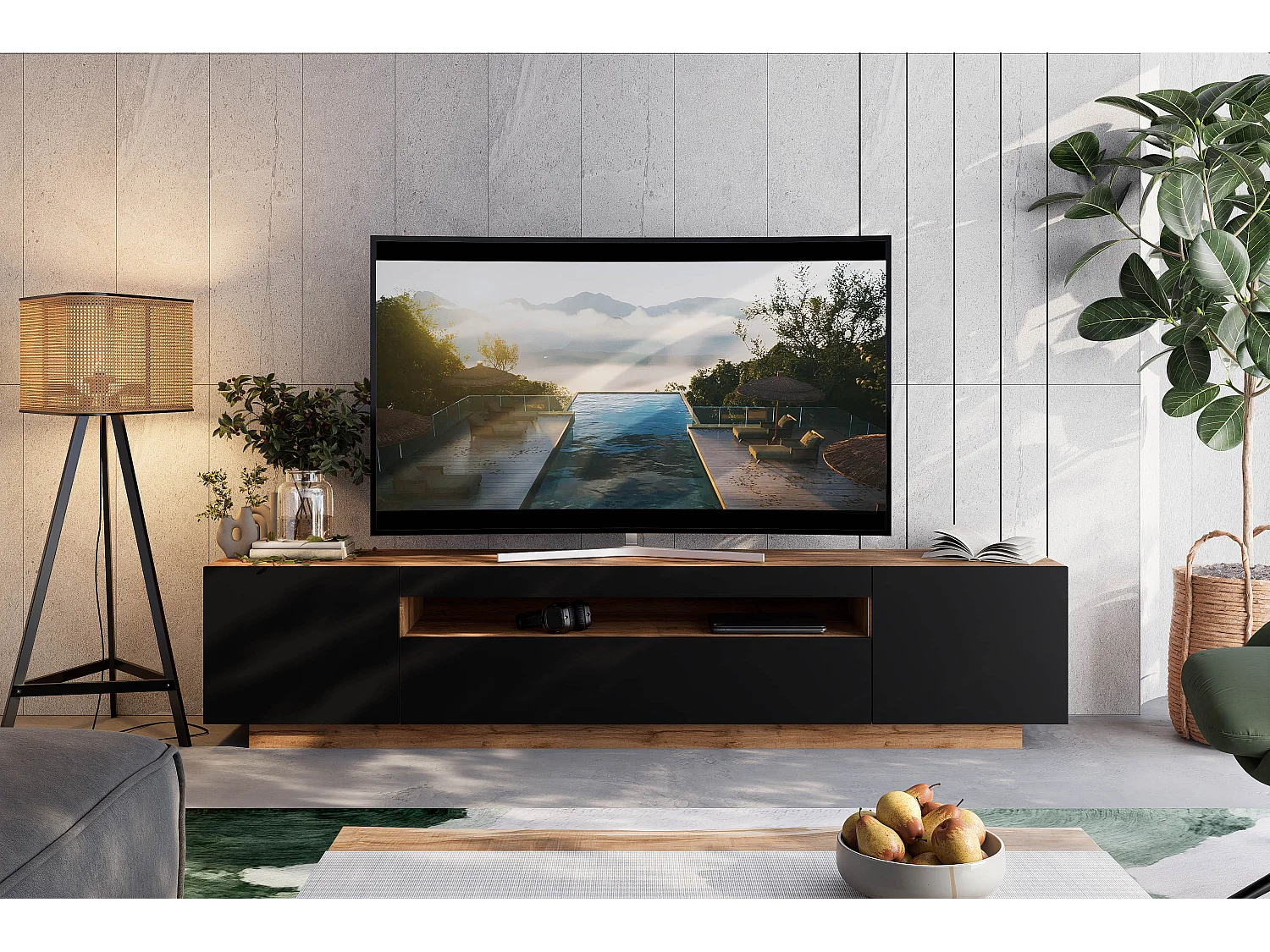 Meuble TV KUSH 200 cm bois et noir style industriel contemporain