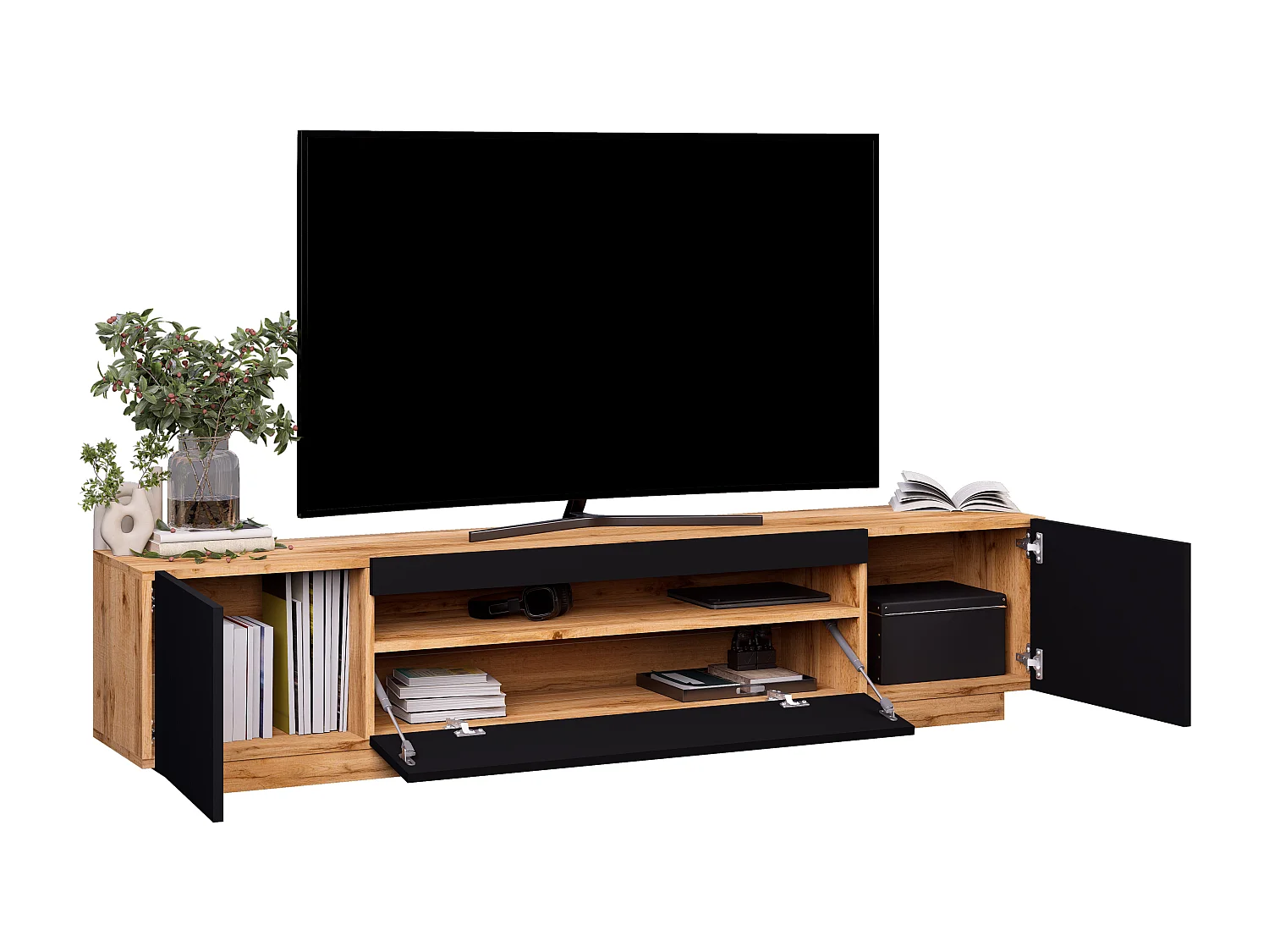 Meuble TV KUSH 200 cm bois et noir style industriel contemporain