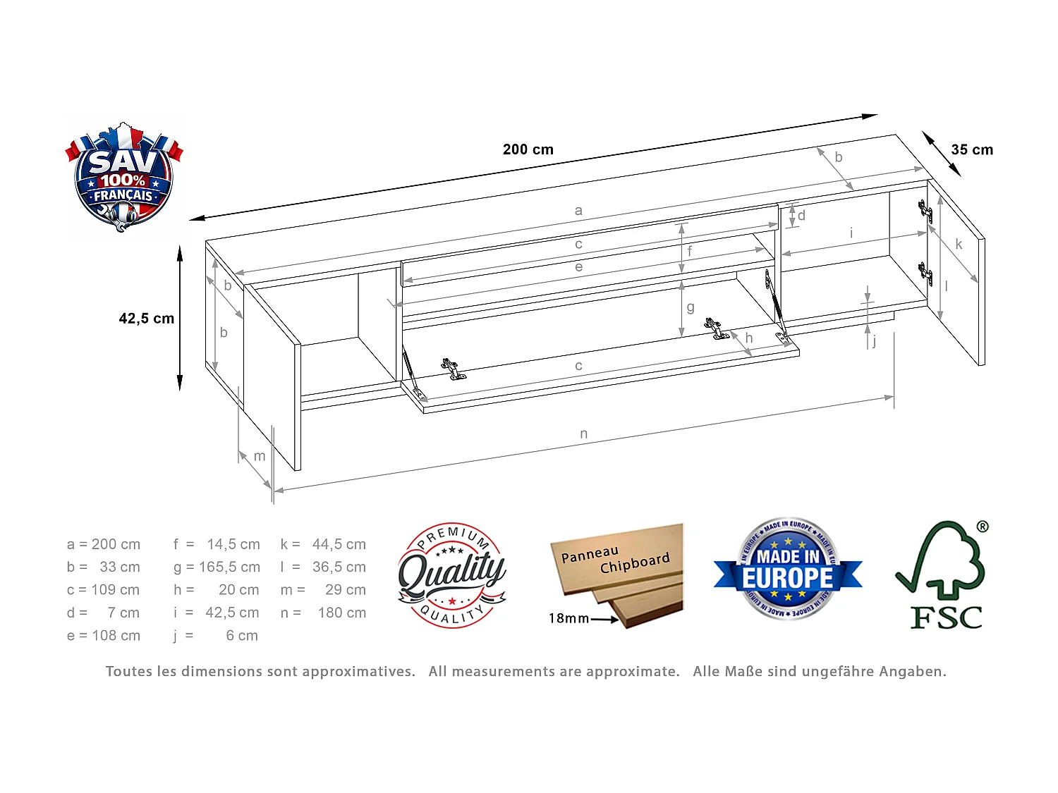 Meuble TV KUSH 200 cm bois et noir style industriel contemporain