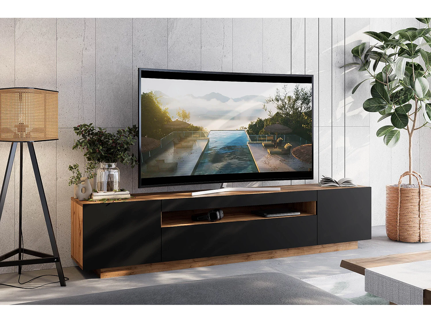 Meuble TV KUSH 200 cm bois et noir style industriel contemporain