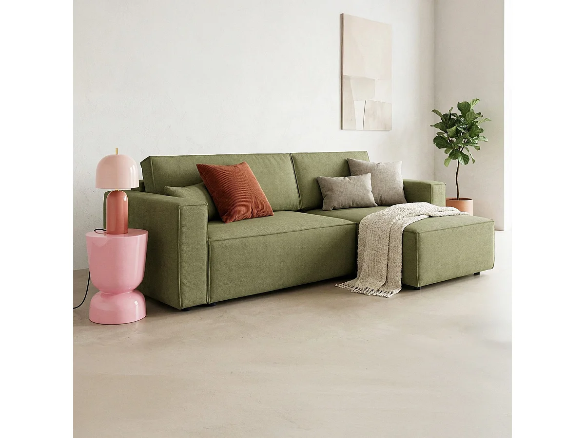Canapé d'angle convertible réversible 4 places avec coffre de rangement en tissu chenille vert olive - Livia
