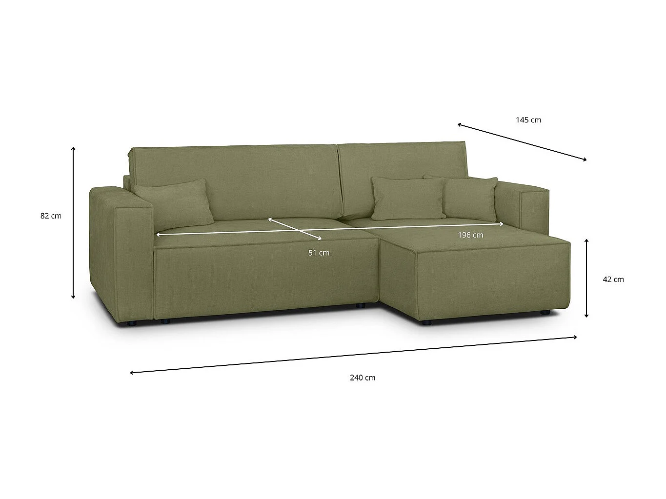 Canapé d'angle convertible réversible 4 places avec coffre de rangement en tissu chenille vert olive - Livia