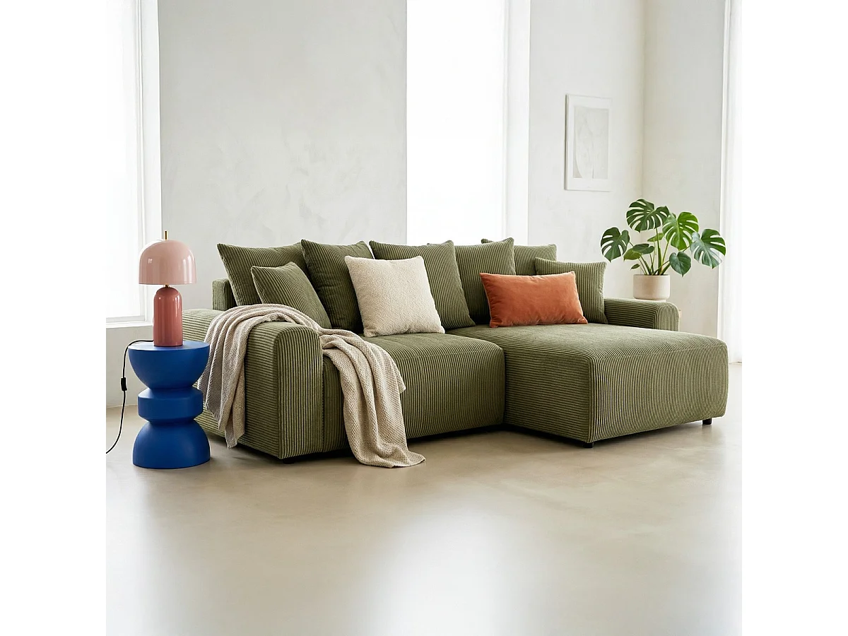Canapé d'angle convertible réversible 4 places avec coffre de rangement en velours côtelé vert kaki - Monceau