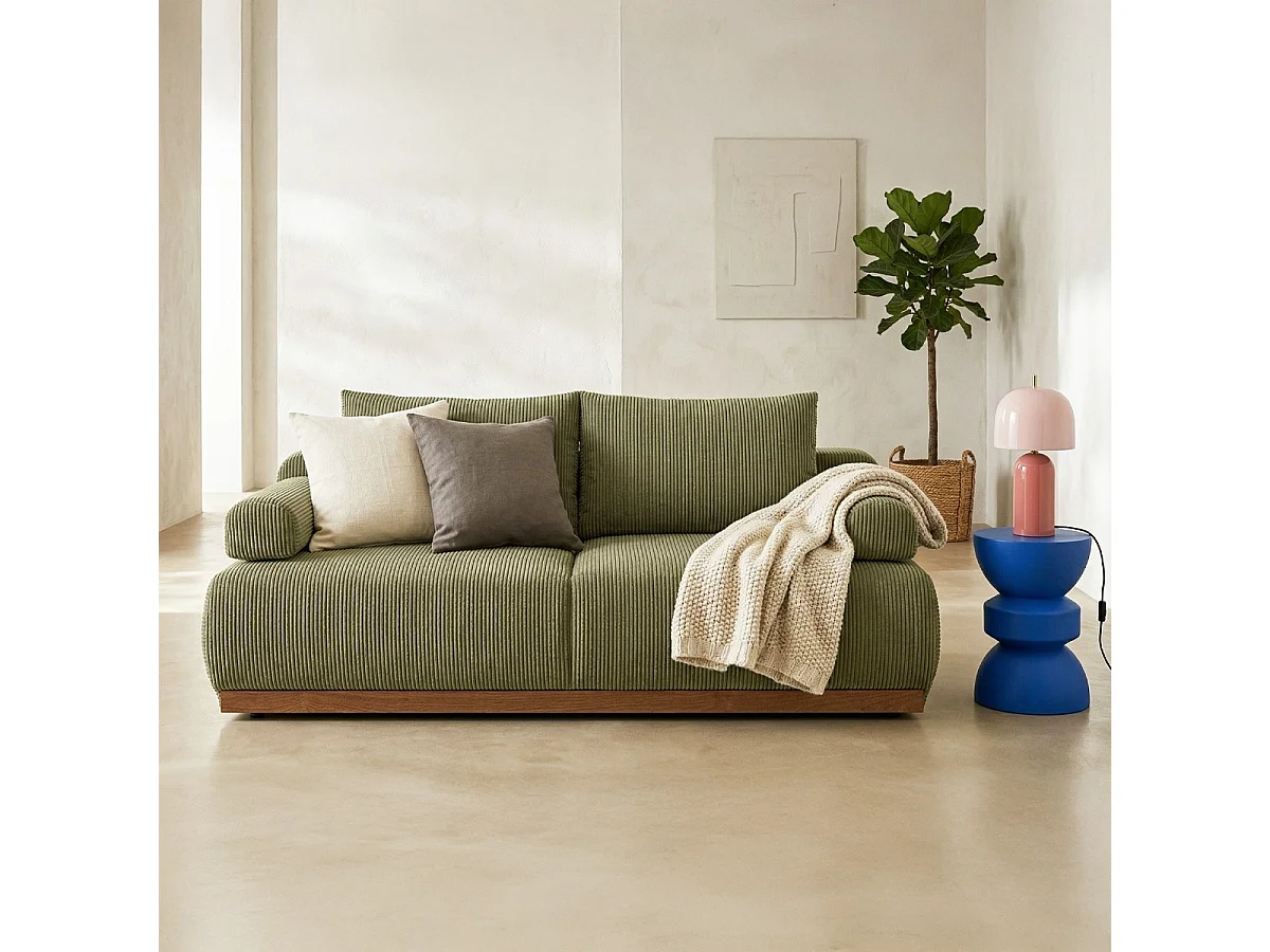 Canapé convertible 3 places avec coffre de rangement en velours côtelé vert kaki - ouverture rapide - Auteuil