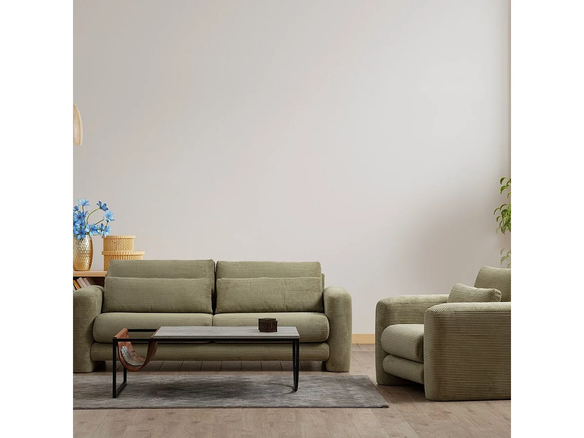 Canapé droit 2 places en velours côtelé vert kaki - Amaya