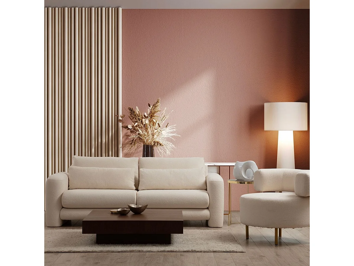 Canapé droit 2 places en tissu teddy beige - Amaya