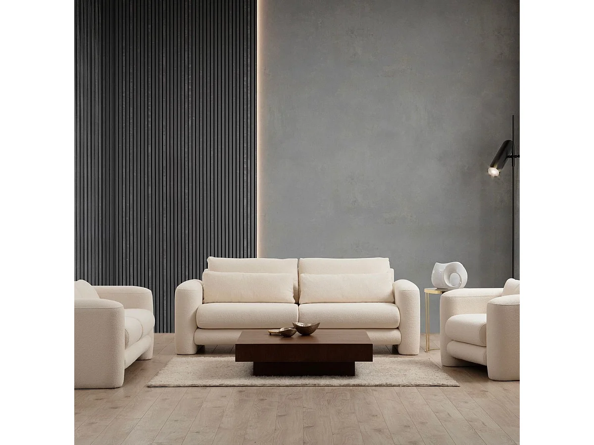 Canapé droit 2 places en tissu teddy beige - Amaya