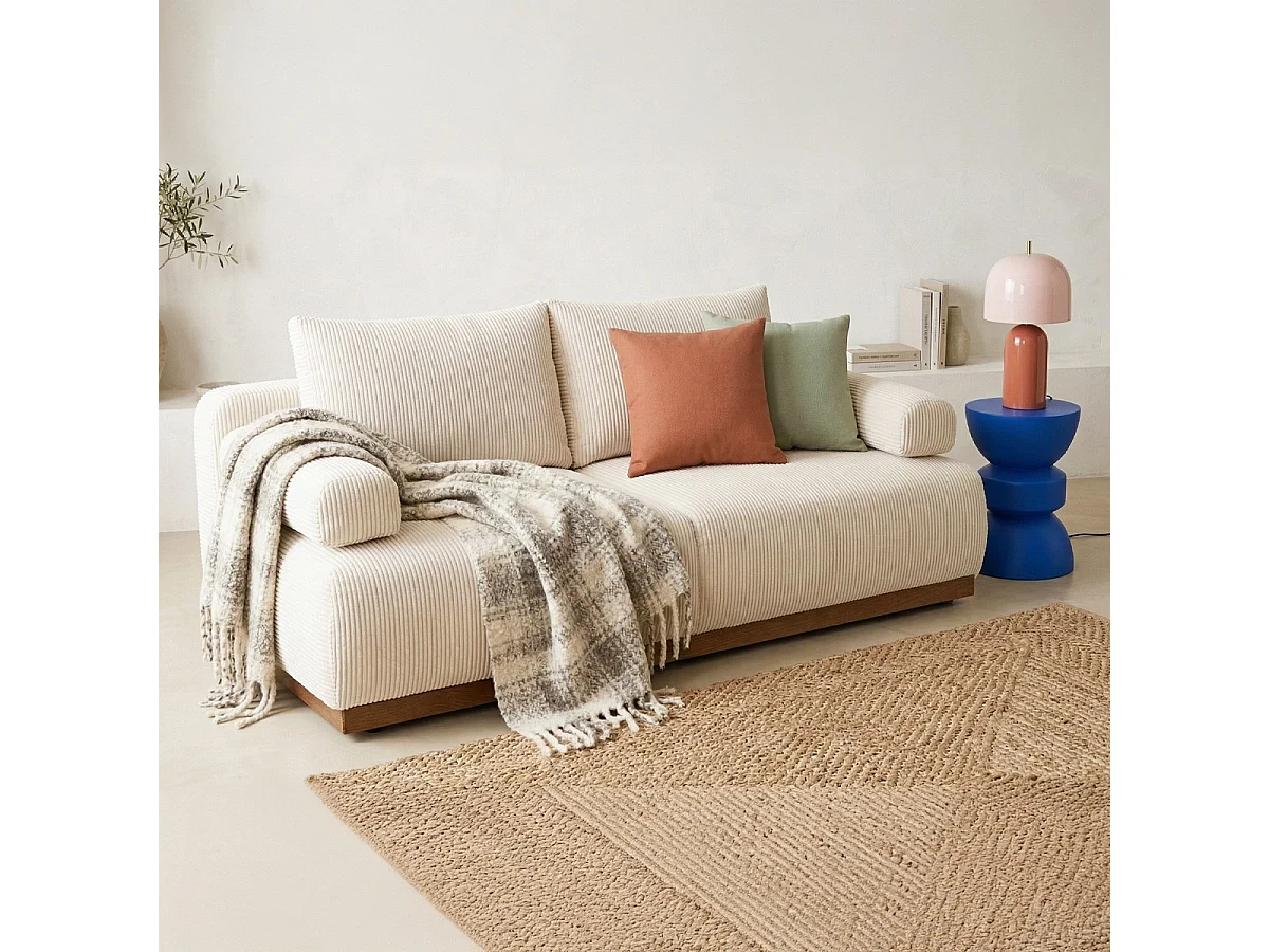 Canapé convertible 3 places avec coffre de rangement en velours côtelé beige - ouverture rapide - Auteuil