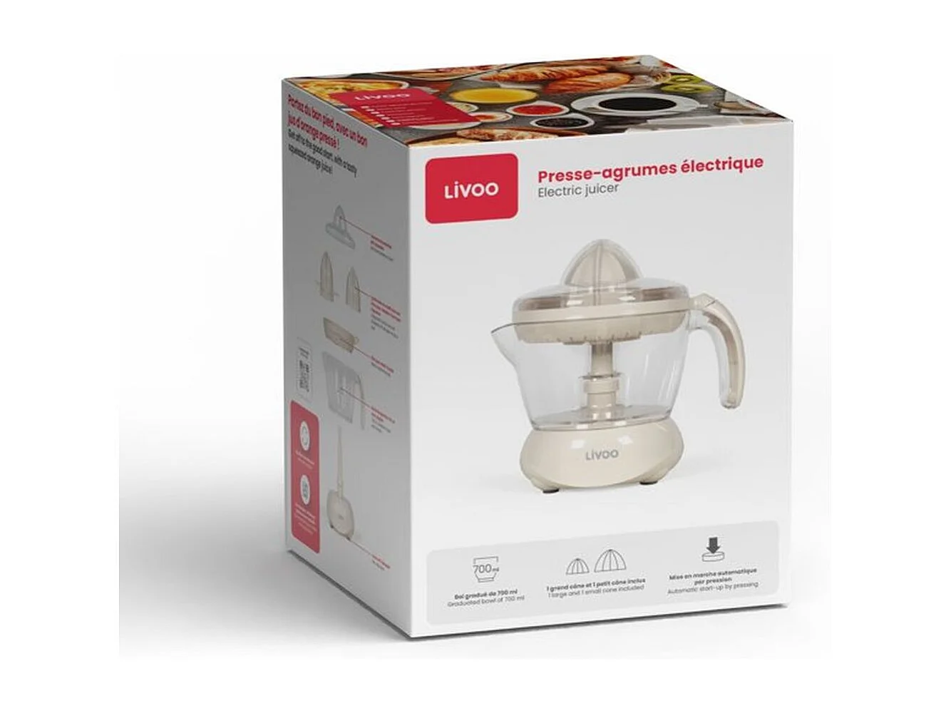 Elektrische citruspers Livoo DOD131C 25W met maatbeker 700 ml en 2 kegels, gebroken wit