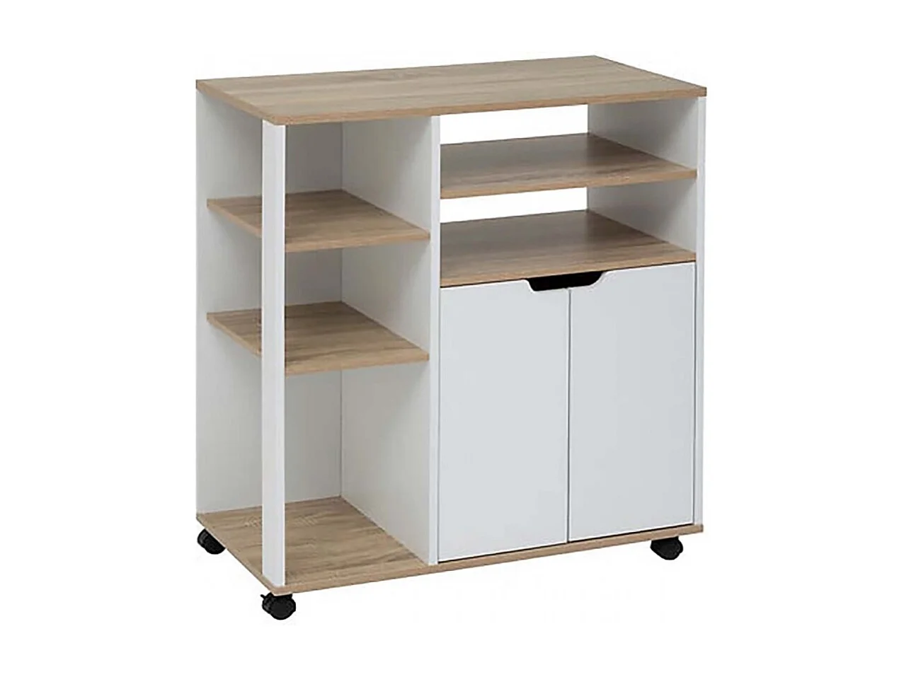 Desserte de cuisine avec roulettes, étagères et placard à 2 portes, coloris chêne/blanc - Longueur 76 x Profondeur 39,5 x Hauteur 85 cm