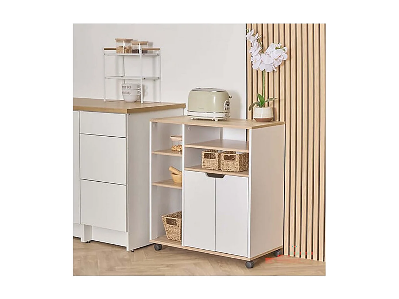 Desserte de cuisine avec roulettes, étagères et placard à 2 portes, coloris chêne/blanc - Longueur 76 x Profondeur 39,5 x Hauteur 85 cm