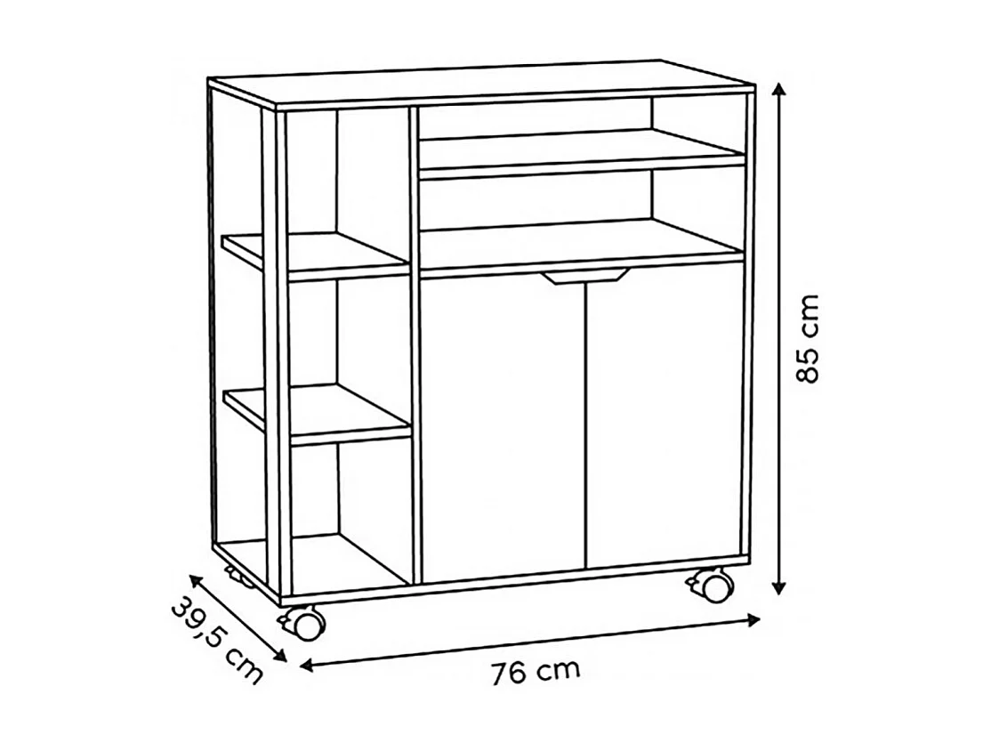 Desserte de cuisine avec roulettes, étagères et placard à 2 portes, coloris chêne/blanc - Longueur 76 x Profondeur 39,5 x Hauteur 85 cm