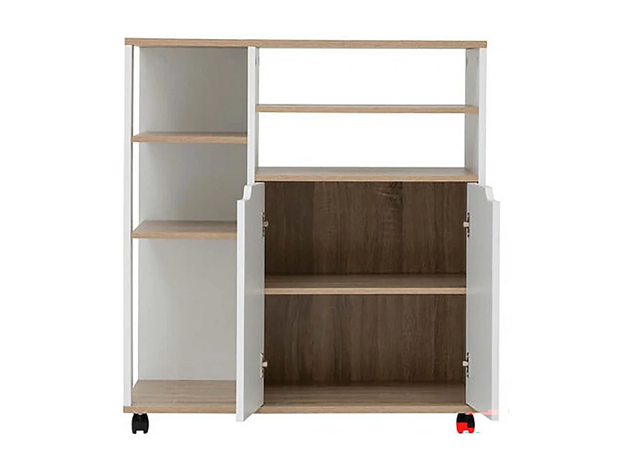 Desserte de cuisine avec roulettes, étagères et placard à 2 portes, coloris chêne/blanc - Longueur 76 x Profondeur 39,5 x Hauteur 85 cm