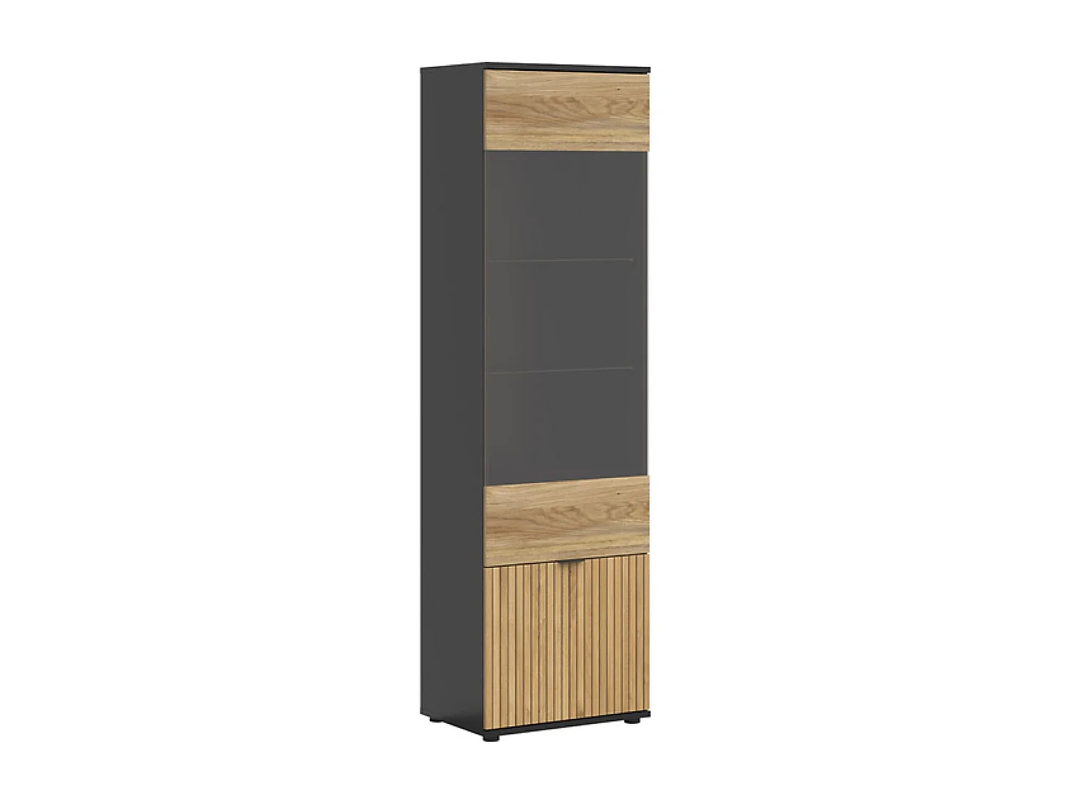Vitrine haute à 2 portes et décor lamelles,coloris Chêne/Noir - Longueur 57 x Profondeur 39,5 x Hauteur 196 cm