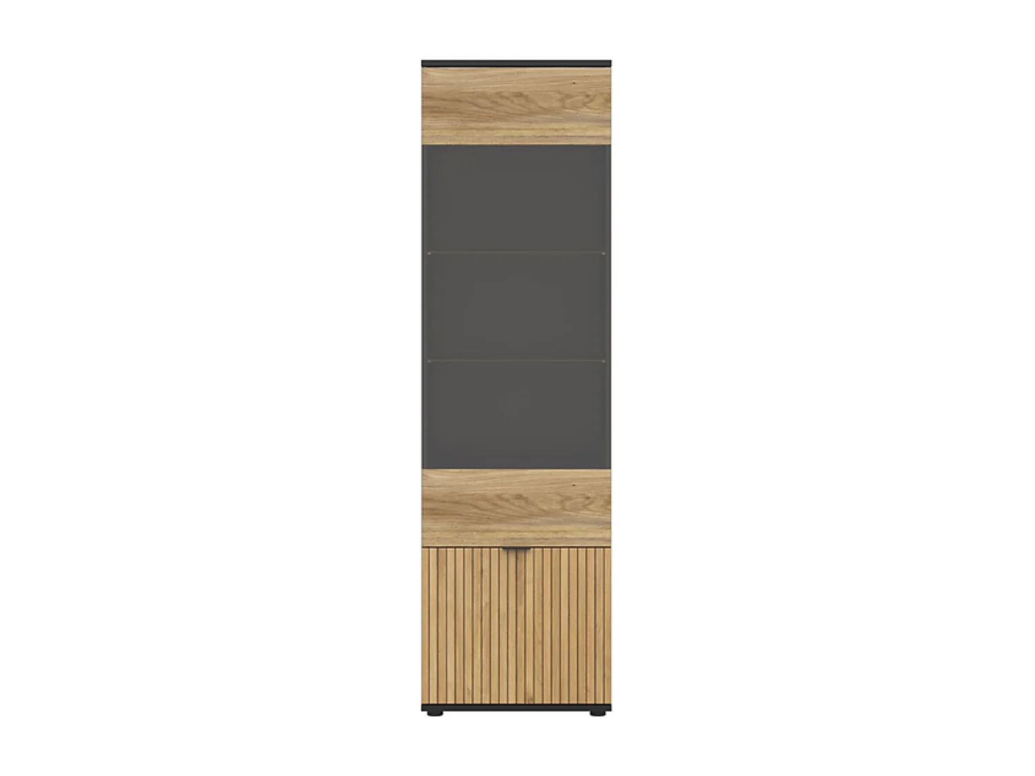 Vitrine haute à 2 portes et décor lamelles,coloris Chêne/Noir - Longueur 57 x Profondeur 39,5 x Hauteur 196 cm