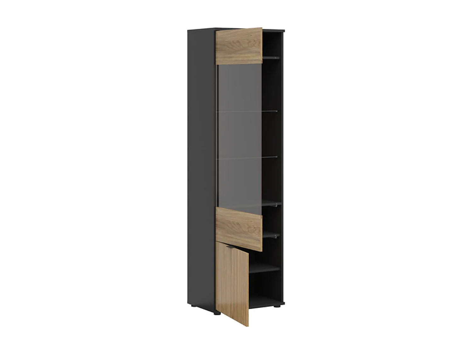 Vitrine haute à 2 portes et décor lamelles,coloris Chêne/Noir - Longueur 57 x Profondeur 39,5 x Hauteur 196 cm