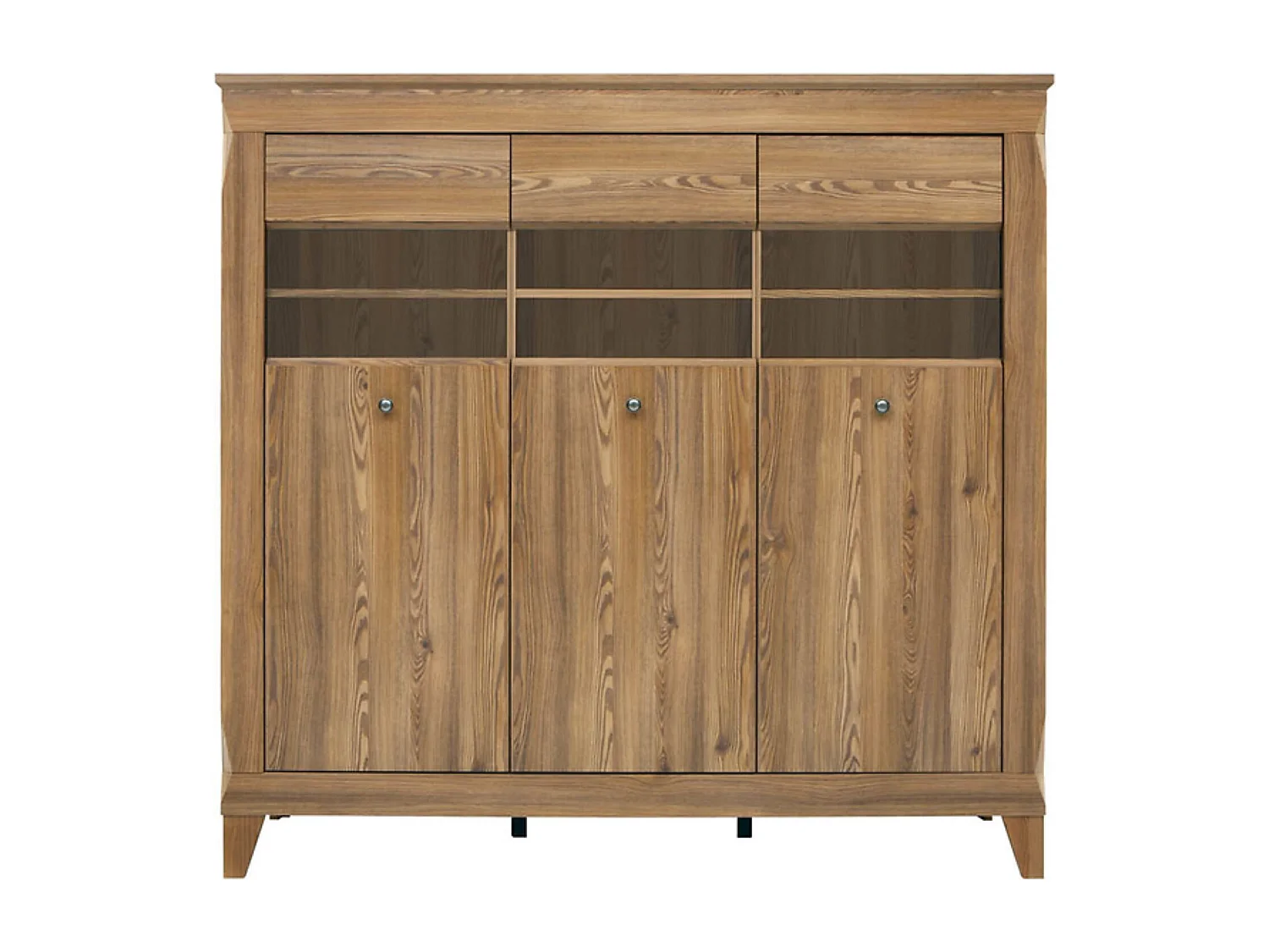 Vitrine à 3 portes avec éclairage LED,commode meuble de rangement coloris Mélèze doré - Longueur 156 x Profondeur 47 x Hauteur 150 cm