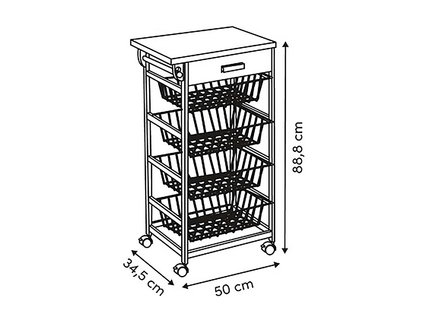 Desserte roulante de cuisine avec 4 paniers coulissantes et 1 tiroir, coloris beige - Longueur 50 x Profondeur 34,5 x Hauteur 88,8 cm