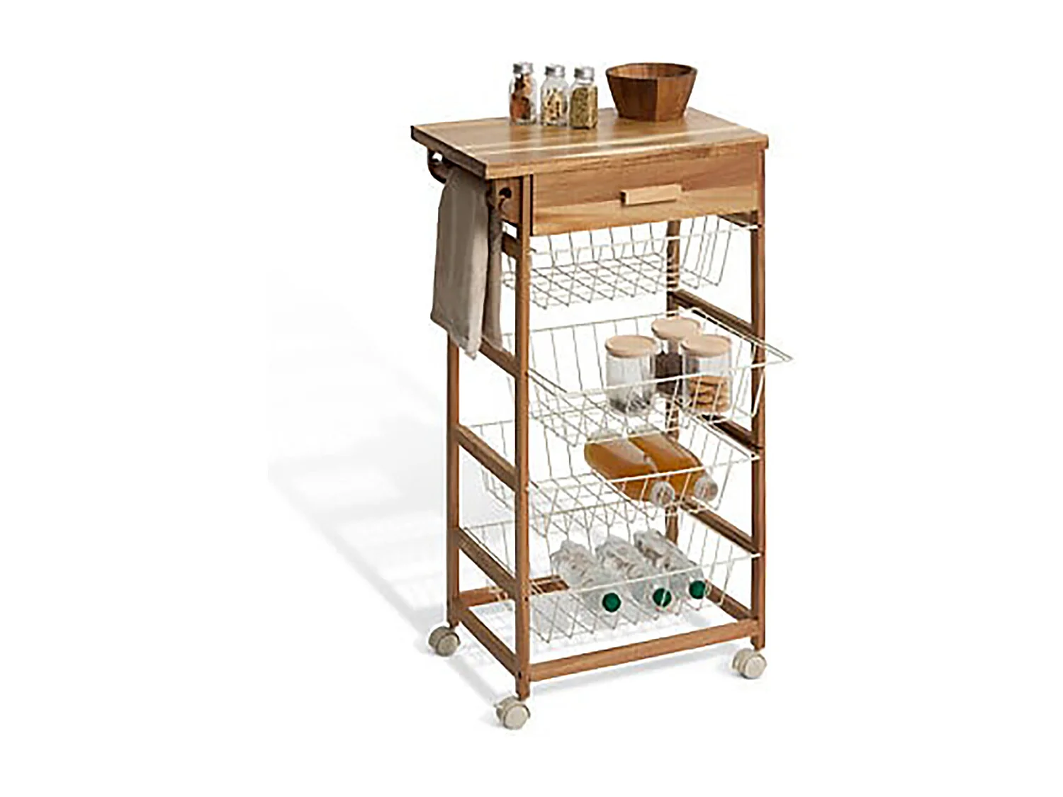 Desserte roulante de cuisine avec 4 paniers coulissantes et 1 tiroir, coloris beige - Longueur 50 x Profondeur 34,5 x Hauteur 88,8 cm