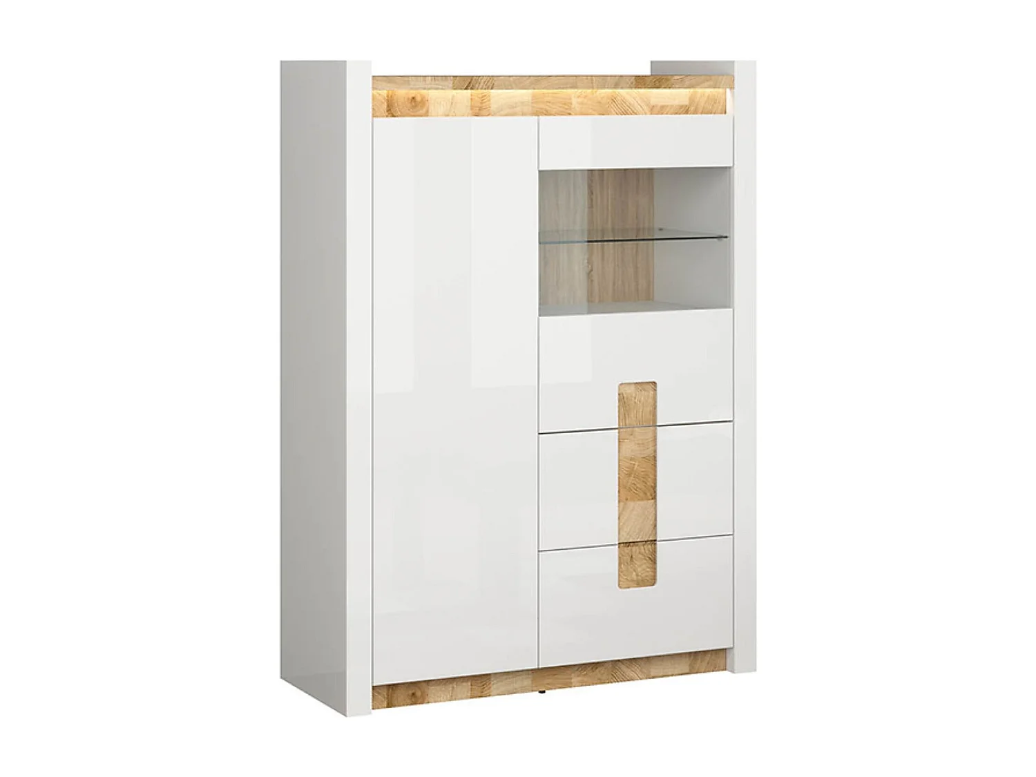 Vitrine avec 2 portes et 2 tiroirs,avec éclairage LED, coloris Blanc brillant/Chêne clair - Longueur 102 x Profondeur 41 x Hauteur 141 cm