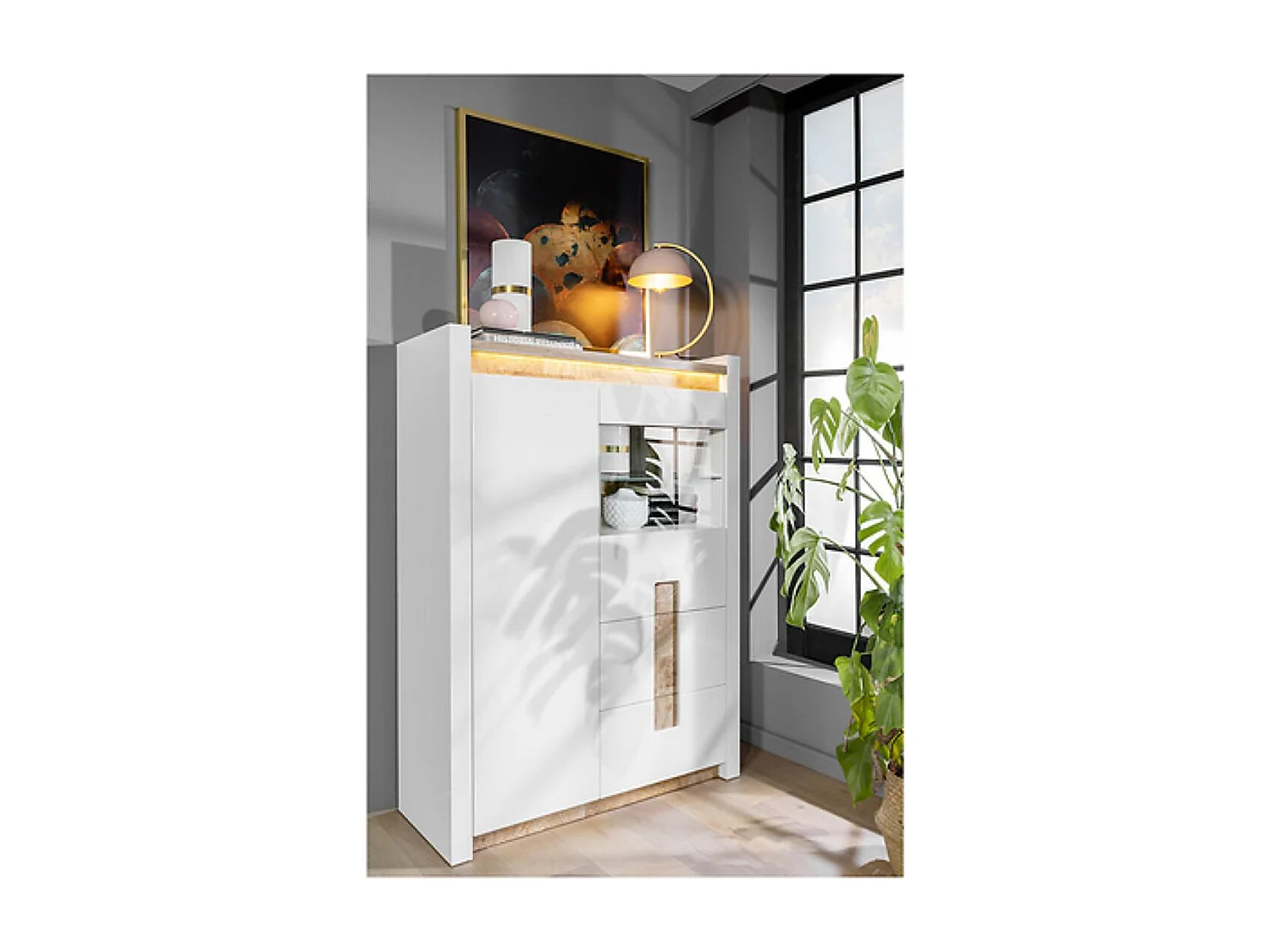 Vitrine avec 2 portes et 2 tiroirs,avec éclairage LED, coloris Blanc brillant/Chêne clair - Longueur 102 x Profondeur 41 x Hauteur 141 cm