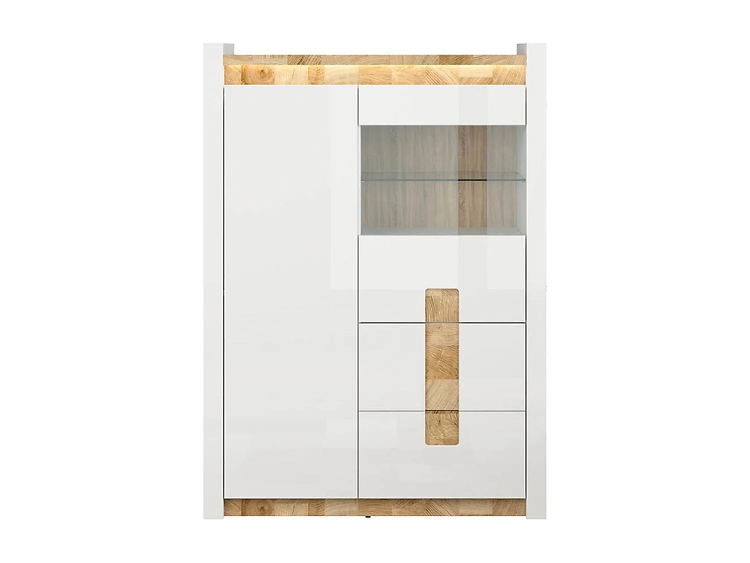 Vitrine avec 2 portes et 2 tiroirs,avec éclairage LED, coloris Blanc brillant/Chêne clair - Longueur 102 x Profondeur 41 x Hauteur 141 cm