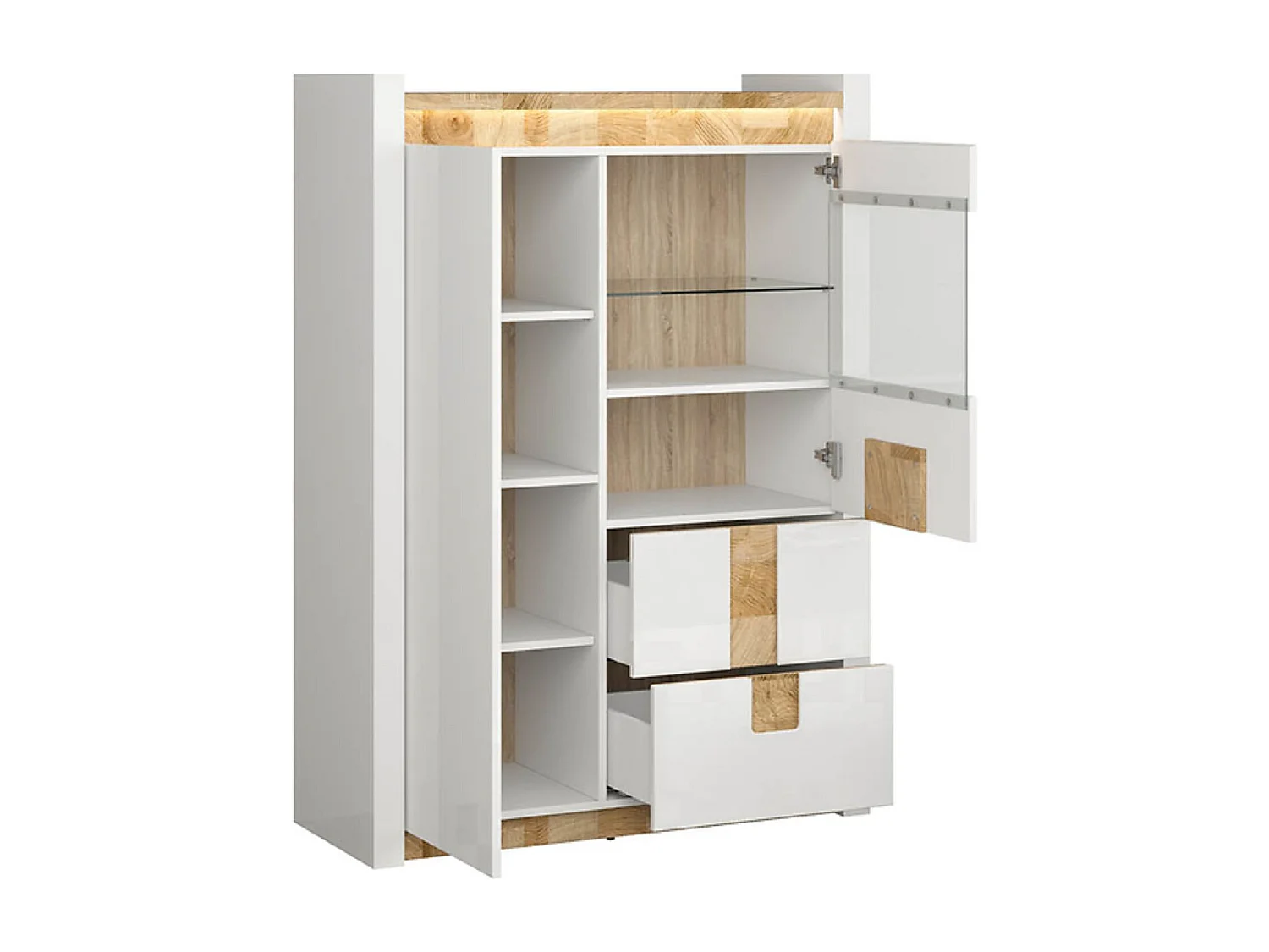Vitrine avec 2 portes et 2 tiroirs,avec éclairage LED, coloris Blanc brillant/Chêne clair - Longueur 102 x Profondeur 41 x Hauteur 141 cm