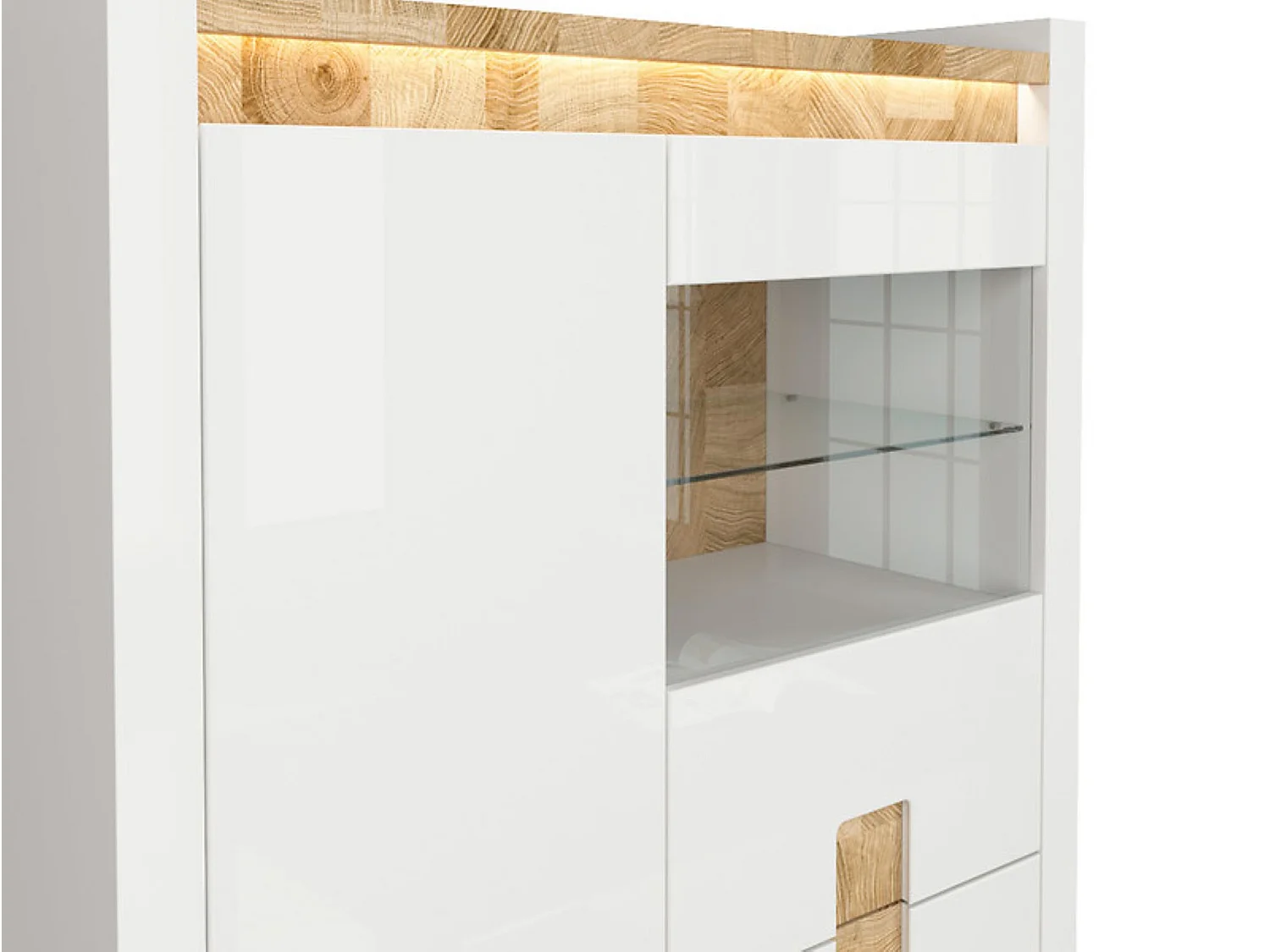 Vitrine avec 2 portes et 2 tiroirs,avec éclairage LED, coloris Blanc brillant/Chêne clair - Longueur 102 x Profondeur 41 x Hauteur 141 cm