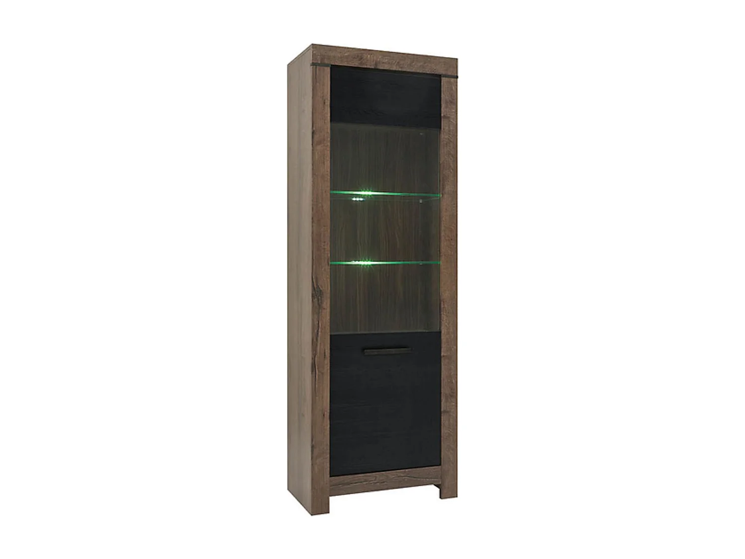 Vitrine en verre trempé à 1 porte avec éclairage LED, coloris Chêne marron foncé/Chêne noir - Longueur 68 x Profondeur 39,5 x Hauteur 196,5 cm