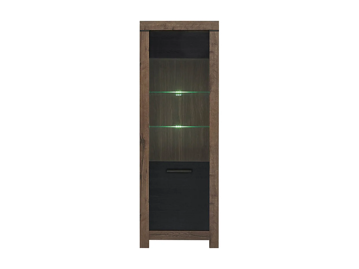 Vitrine en verre trempé à 1 porte avec éclairage LED, coloris Chêne marron foncé/Chêne noir - Longueur 68 x Profondeur 39,5 x Hauteur 196,5 cm