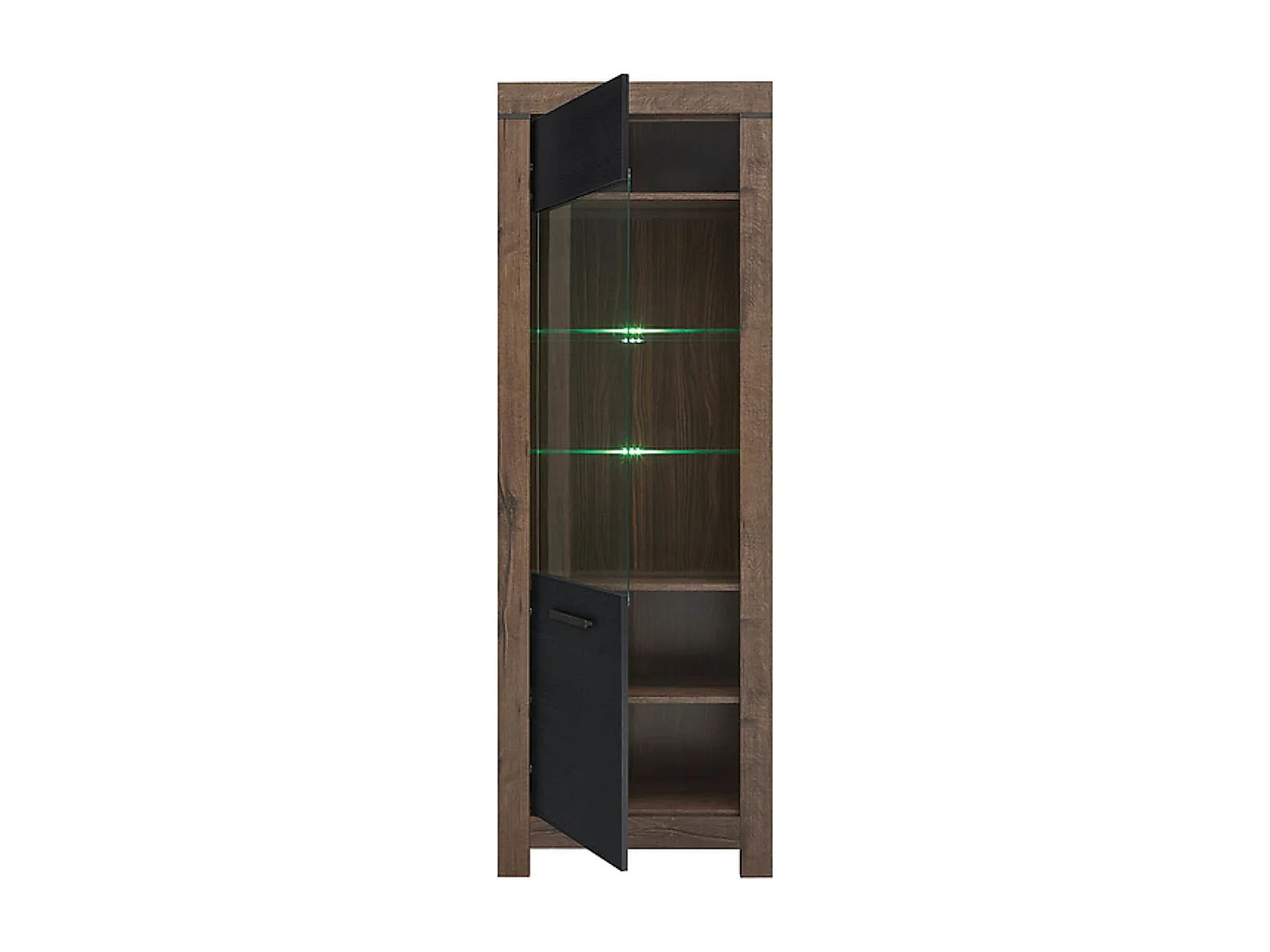 Vitrine en verre trempé à 1 porte avec éclairage LED, coloris Chêne marron foncé/Chêne noir - Longueur 68 x Profondeur 39,5 x Hauteur 196,5 cm