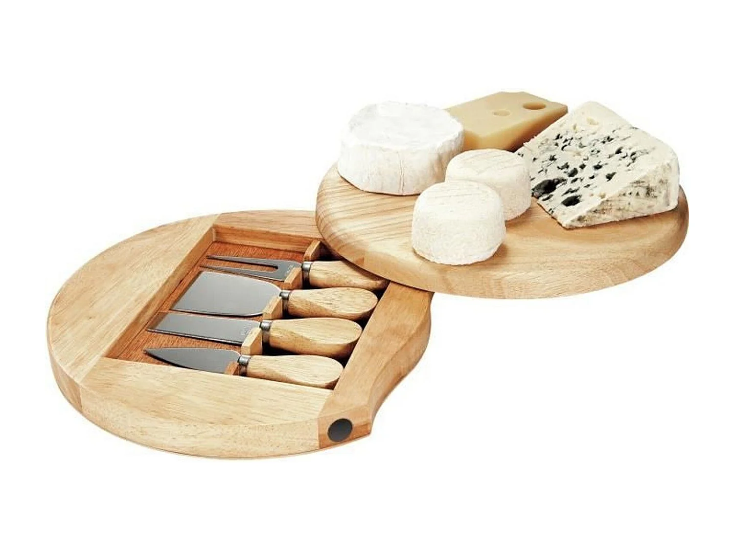 Obrotowa deska do serów z naturalnego drewna kauczukowego 28 cm z 4 stalowymi przyborami i wbudowanym schowkiem