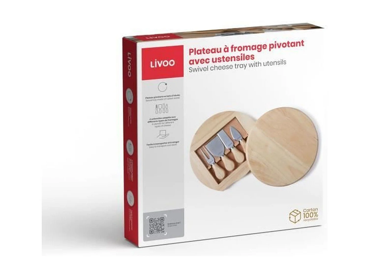 Obrotowa deska do serów z naturalnego drewna kauczukowego 28 cm z 4 stalowymi przyborami i wbudowanym schowkiem