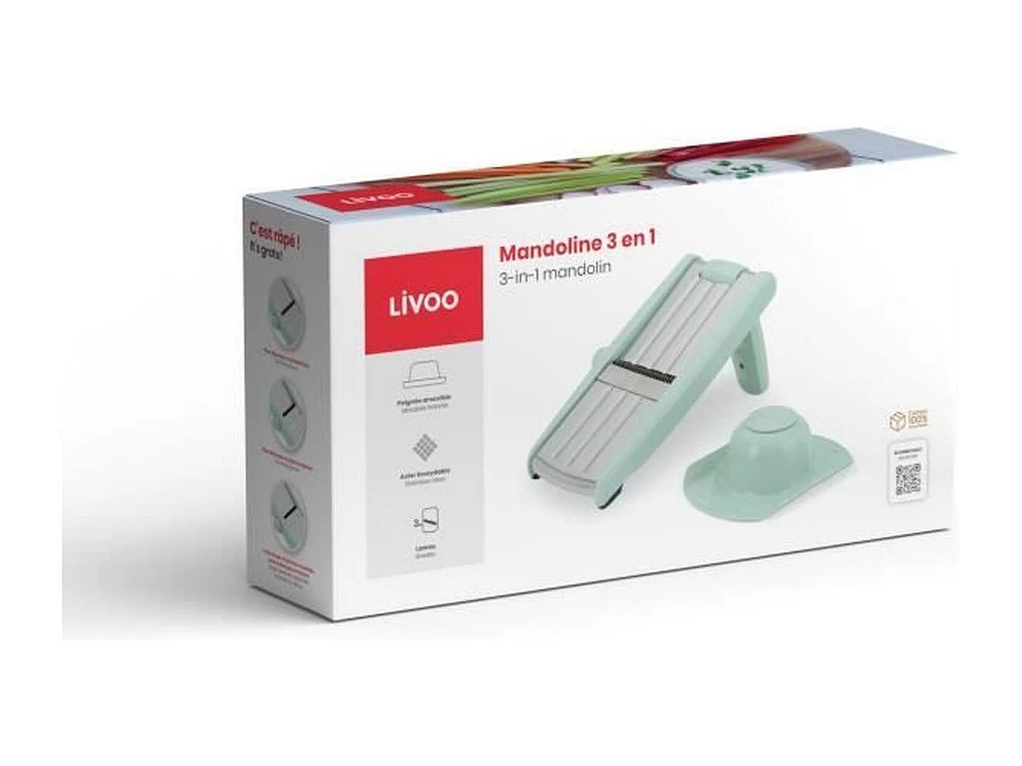 Mandolina 3 w 1 ze stali nierdzewnej regulowana 3-9 mm z odłączanym uchwytem, bezpiecznym popychaczem i antypoślizgowymi nóżkami