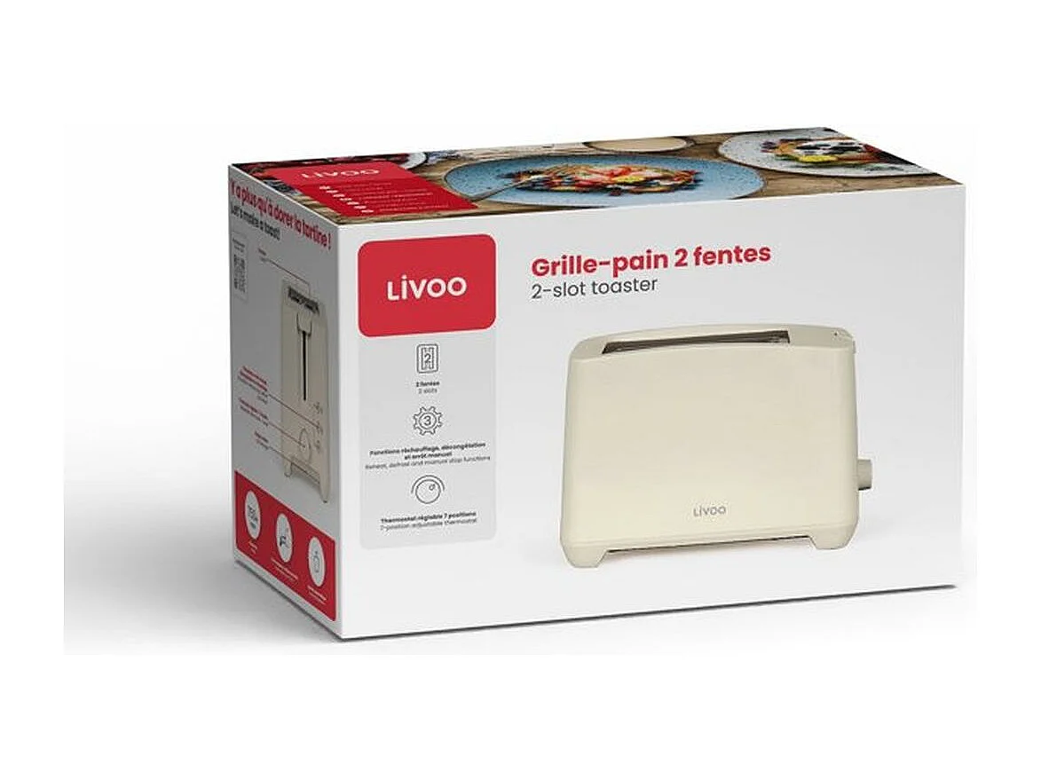Livoo DOD162C Broodrooster 2 sleuven 750W gebroken wit, thermostaat 7 niveaus, ontdooien en opwarmfunctie