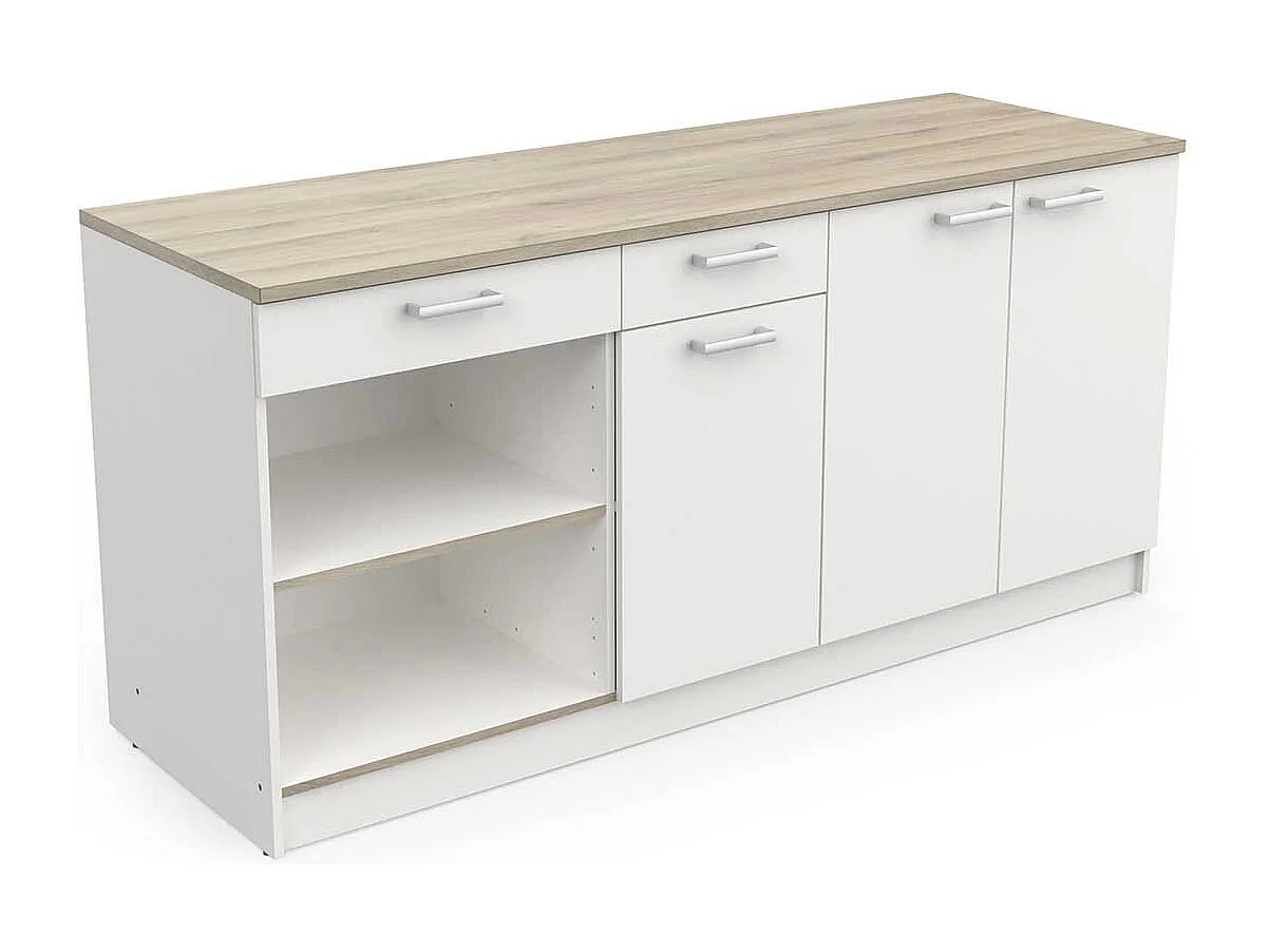 Ensemble de 3 meubles bas de cuisine avec plan de travail couleur chêne / blanc mat - Largeur 180 x Profondeur 60 x Hauteur 85,2 cm