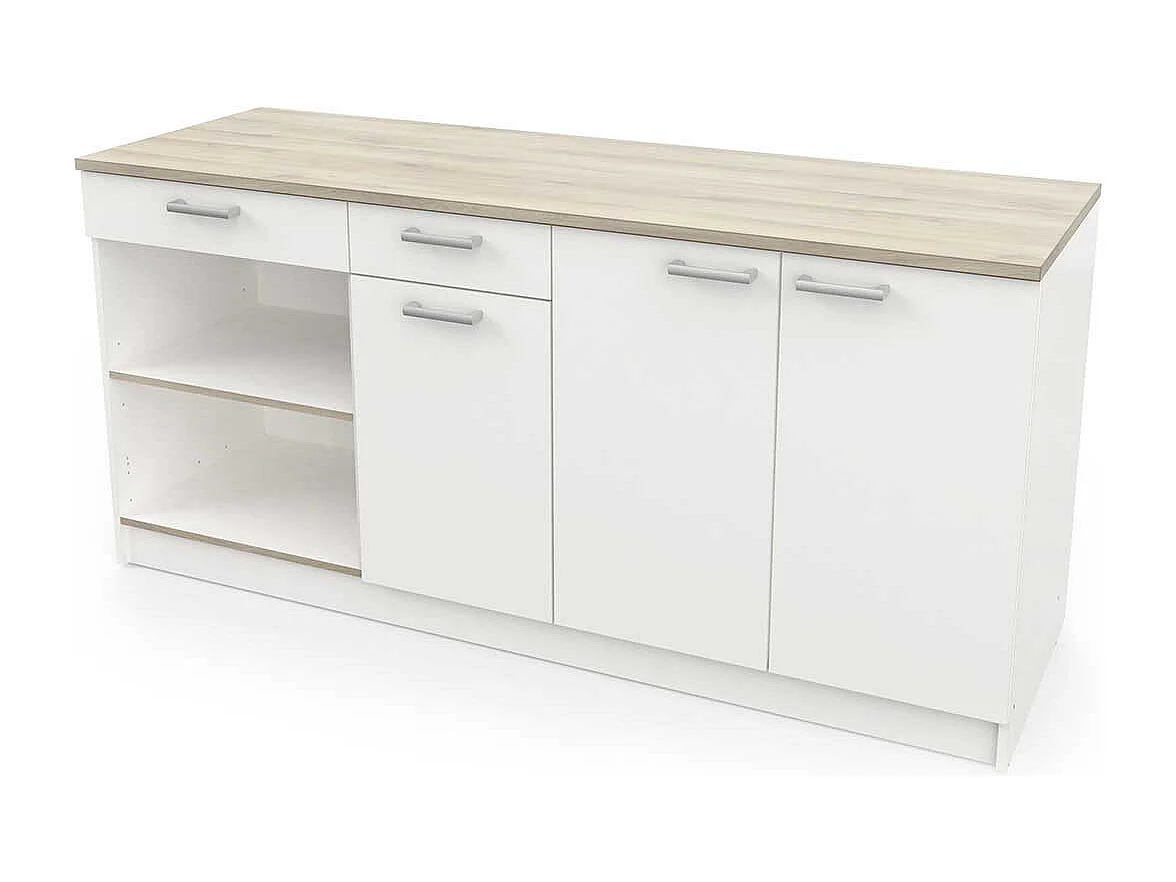 Ensemble de 3 meubles bas de cuisine avec plan de travail couleur chêne / blanc mat - Largeur 180 x Profondeur 60 x Hauteur 85,2 cm