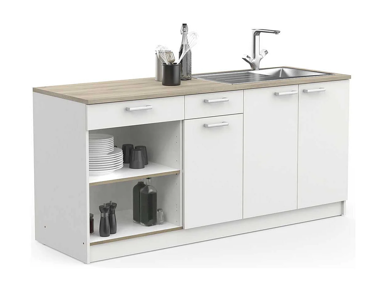 Ensemble de 3 meubles bas de cuisine avec plan de travail couleur chêne / blanc mat - Largeur 180 x Profondeur 60 x Hauteur 85,2 cm