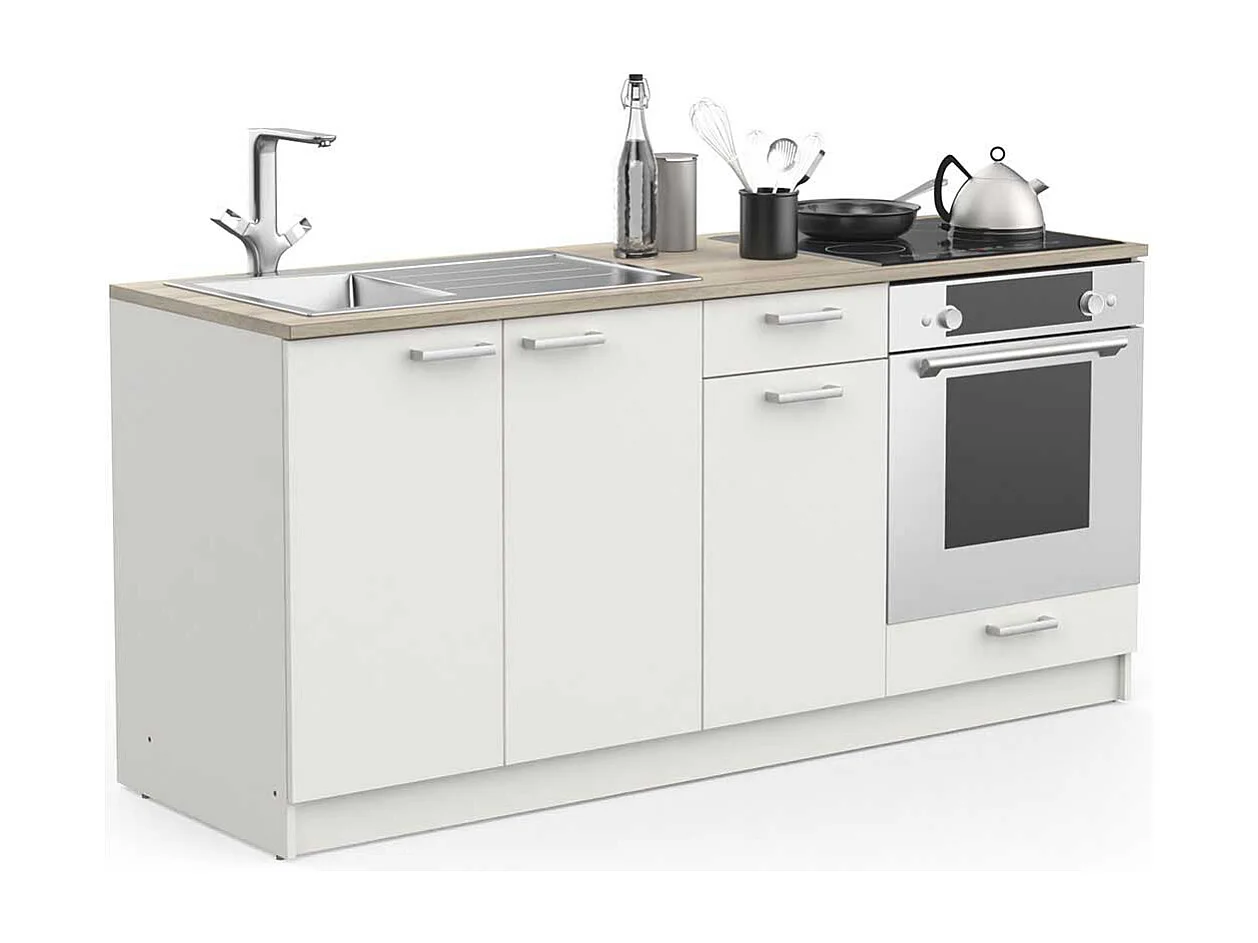 Ensemble de 3 meubles bas de cuisine avec plan de travail couleur chêne / blanc mat - Largeur 180 x Profondeur 60 x Hauteur 85,2 cm