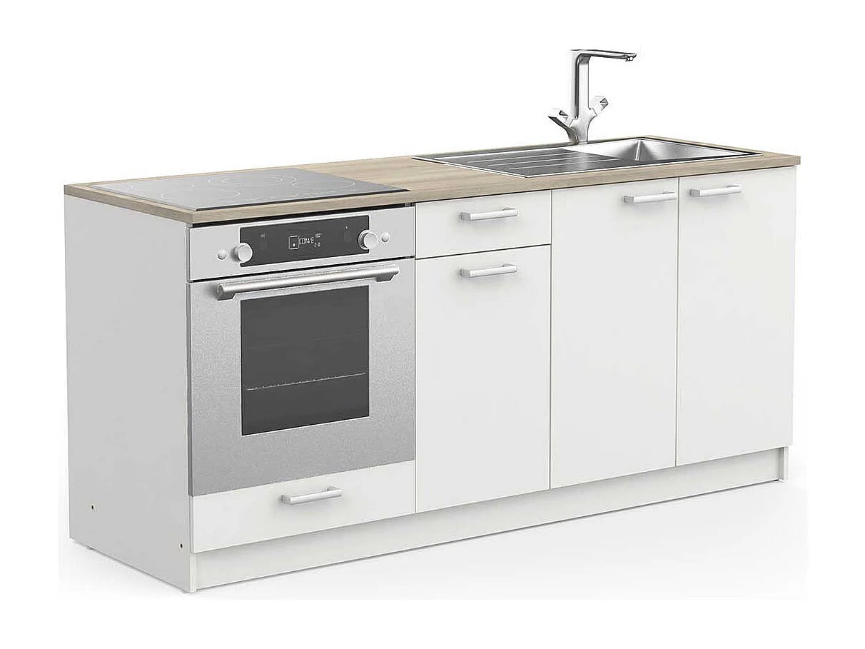 Ensemble de 3 meubles bas de cuisine avec plan de travail couleur chêne / blanc mat - Largeur 180 x Profondeur 60 x Hauteur 85,2 cm