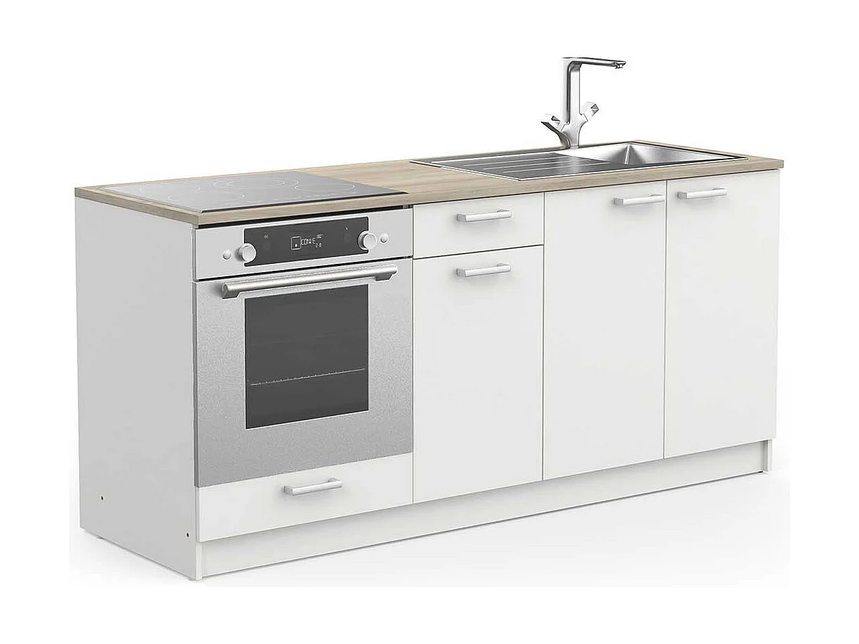 Ensemble de 3 meubles bas de cuisine avec plan de travail couleur chêne / blanc mat - Largeur 180 x Profondeur 60 x Hauteur 85,2 cm