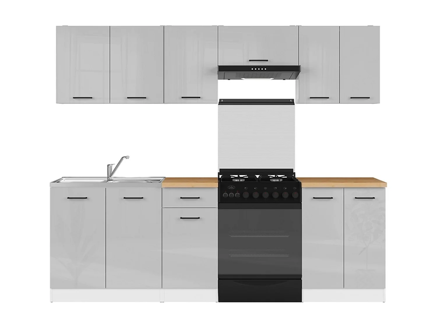 Cuisine complète 240 cm,Ensemble de meuble de cuisine coloris gris clair brillant/blanc, plan de travail coloris Chêne doré inclus