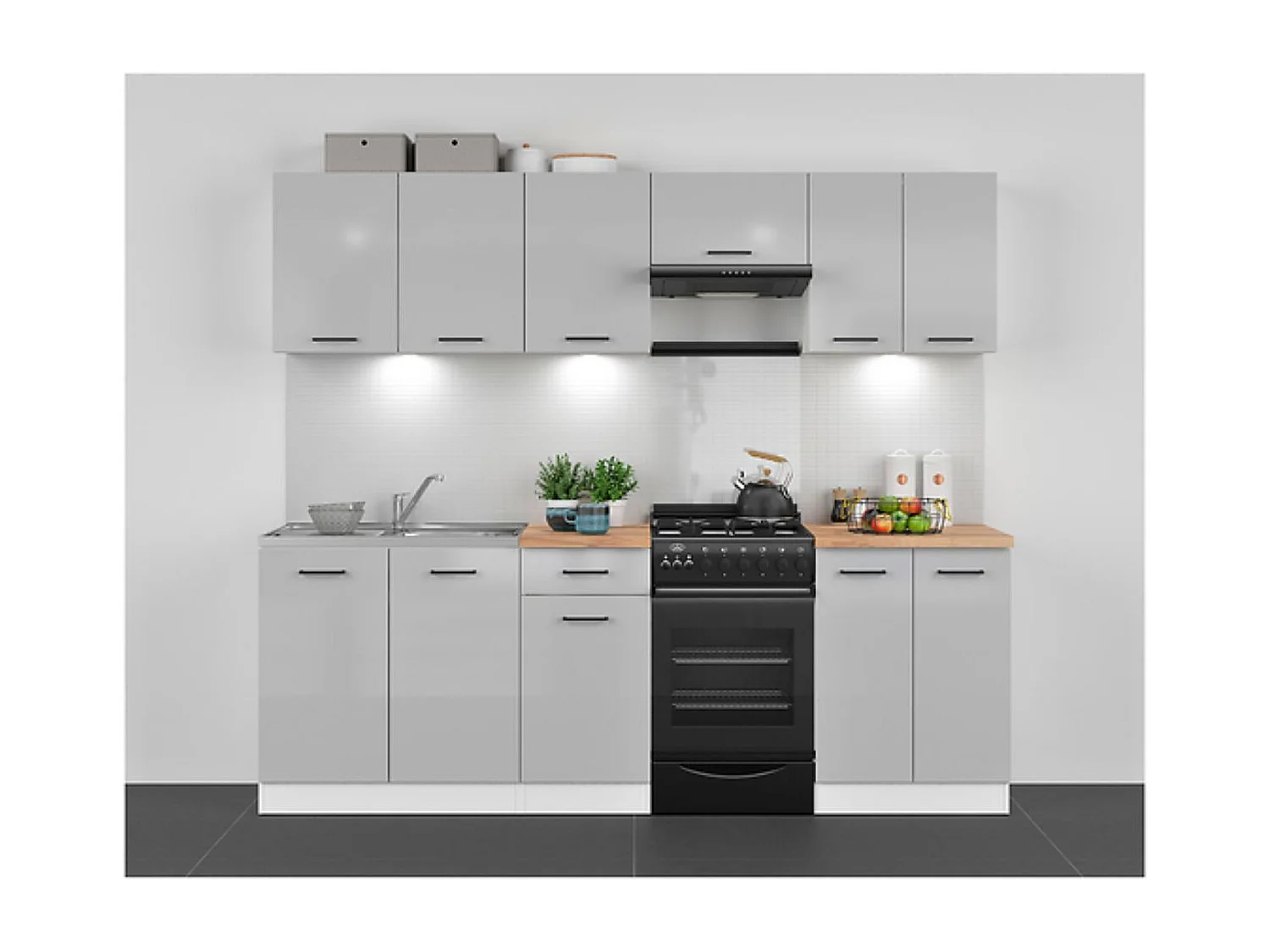 Cuisine complète 240 cm,Ensemble de meuble de cuisine coloris gris clair brillant/blanc, plan de travail coloris Chêne doré inclus