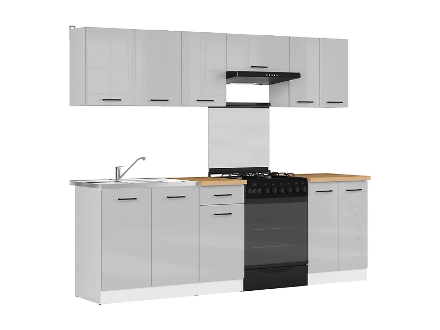 Cuisine complète 240 cm,Ensemble de meuble de cuisine coloris gris clair brillant/blanc, plan de travail coloris Chêne doré inclus