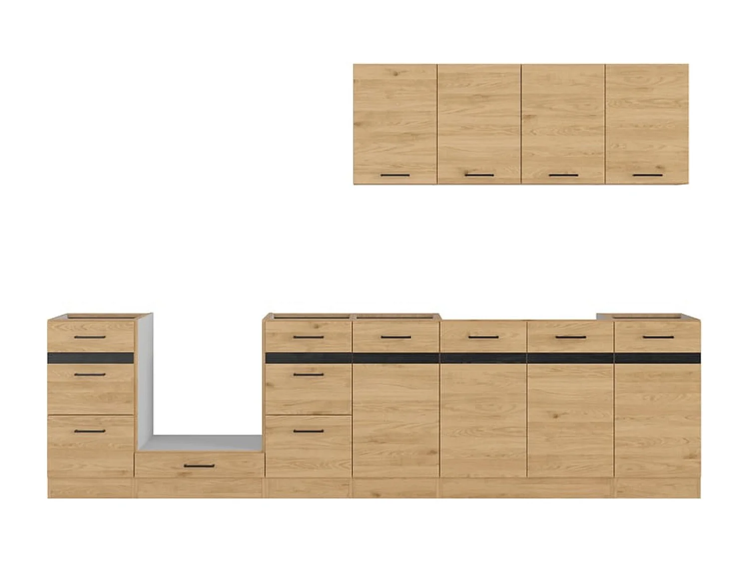 Cuisine complète 300 cm,Ensemble de meuble de cuisine coloris Chêne bernstien, plan de travail non inclus