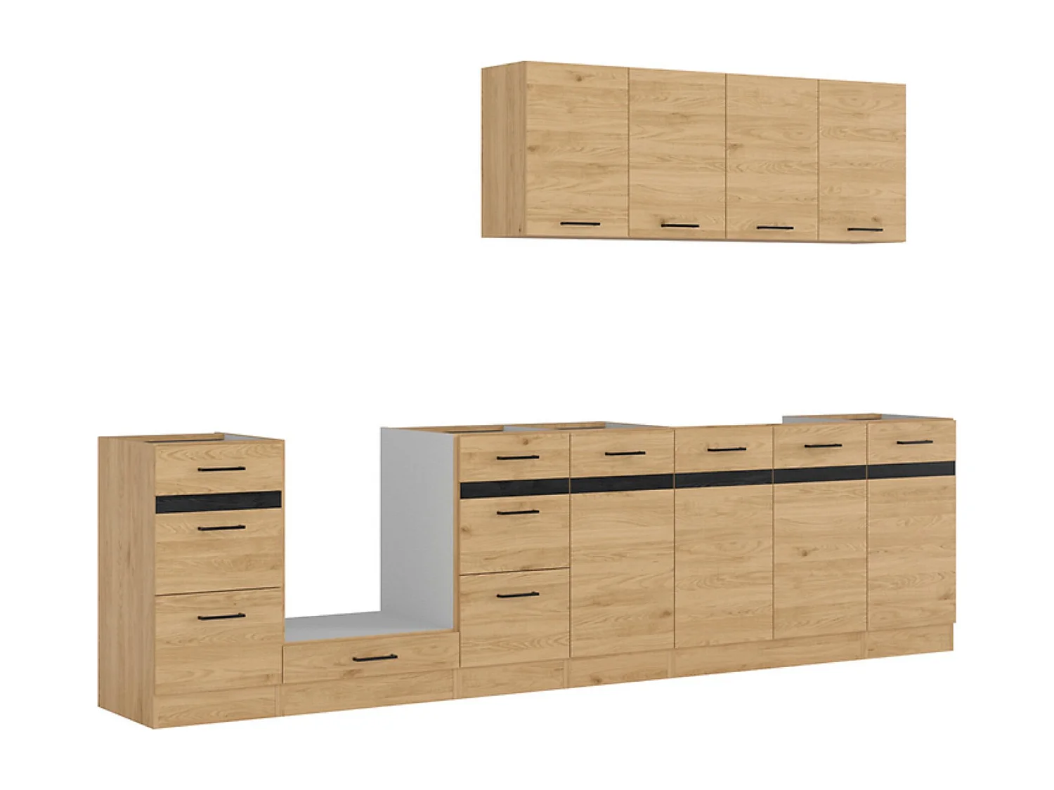 Cuisine complète 300 cm,Ensemble de meuble de cuisine coloris Chêne bernstien, plan de travail non inclus