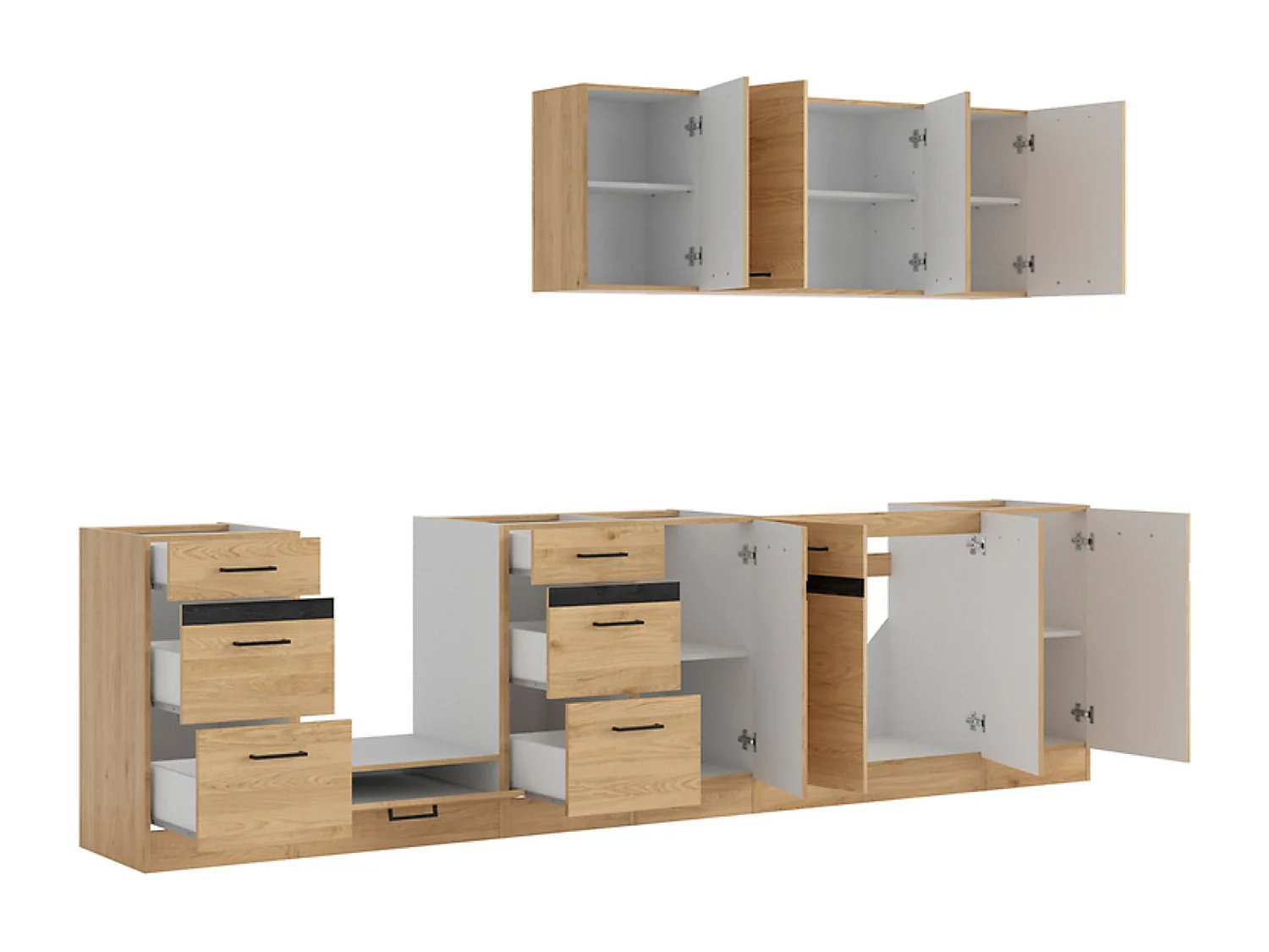 Cuisine complète 300 cm,Ensemble de meuble de cuisine coloris Chêne bernstien, plan de travail non inclus