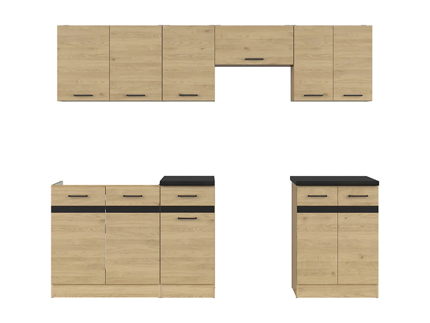 Cuisine complète 240 cm,Ensemble de meuble de cuisine coloris Chêne berstein, plan de travail noir inclus